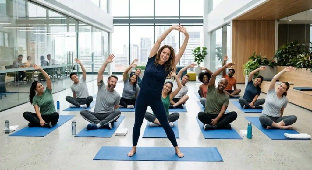 Corporate team participating in workplace wellness program