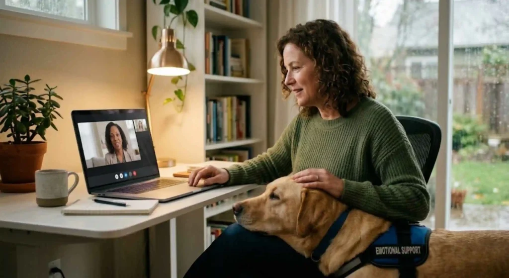 Emotional support animal and client during virtual therapy consultation