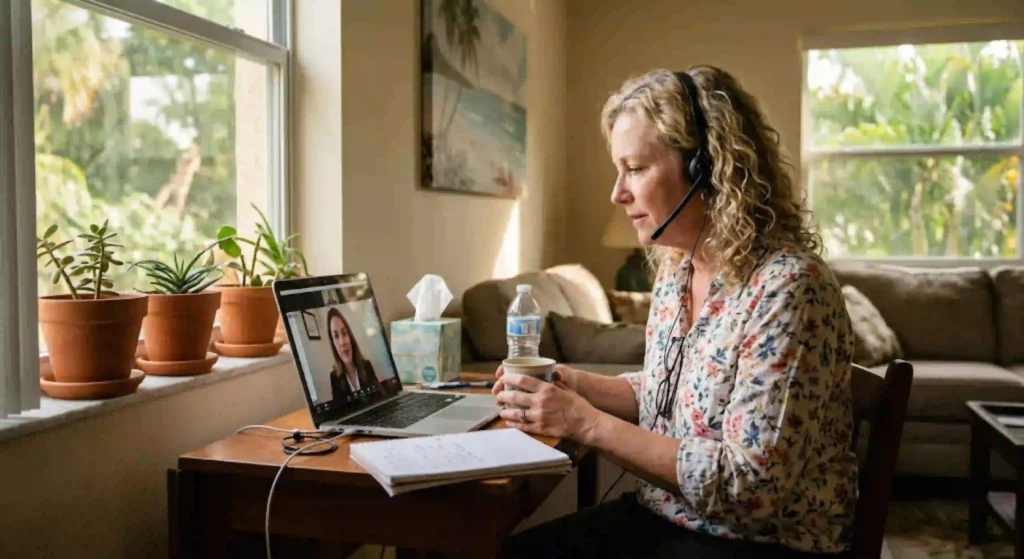 Florida adult attending an online trauma therapy session from home